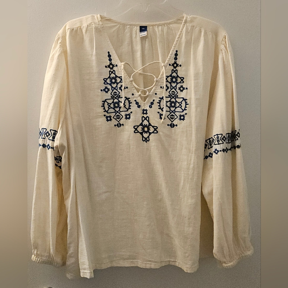 Old Navy Cream Blouse with Navy Embroidery